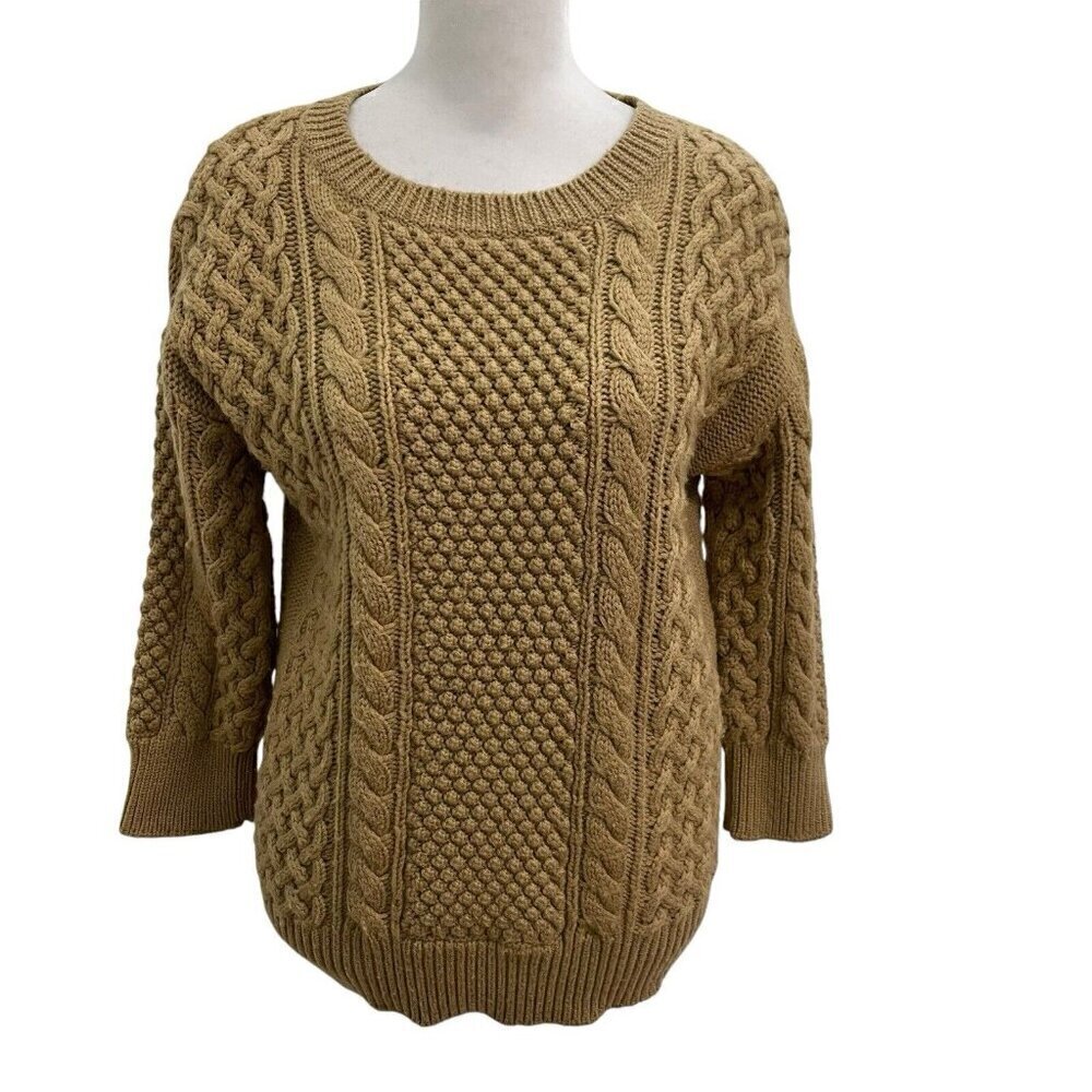 Trina Turk 100% Merino Wool Cable Knit Sweater 3/4 Sleeve Camel Brown size Small